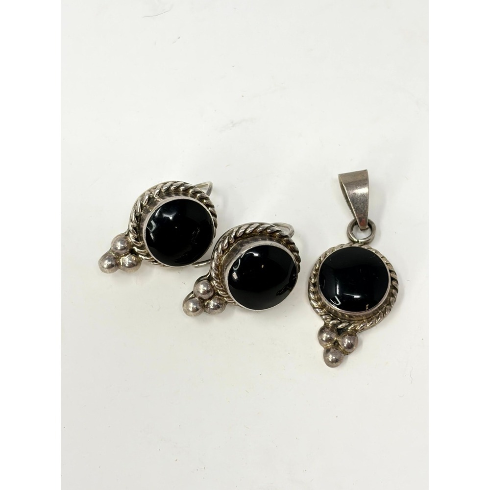 Vintage Mexico 925 Sterling Silver Black Onyx Pendant and Earrings Set